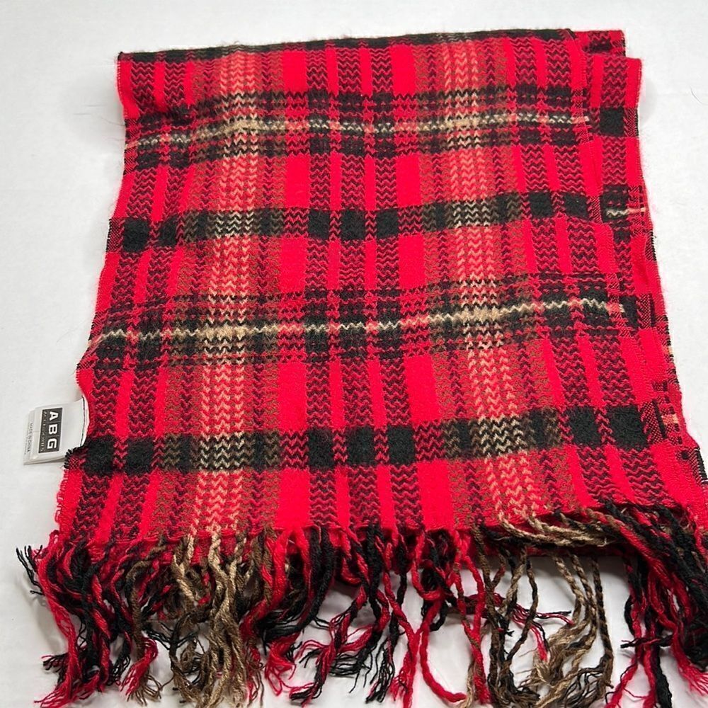 ABG red black and tan fringed men’s winter scarf EUC